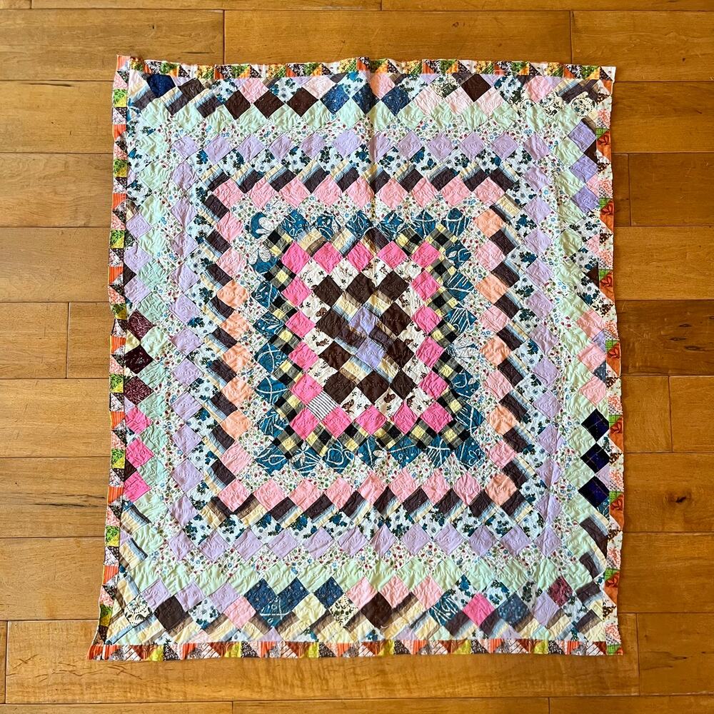Handmade Vtg Patchwork Quilt 39x33 Diamond Pattern Baby Blanket Multicolor Throw